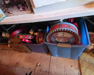 Upstairs in bonus area storage - tins in all sizes & shapes