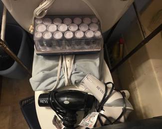 Upstairs - Bathroom - heated roller set, heating pad, hair dryers