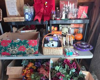 Upstairs in bonus area storage - greenery, Halloween items, bride & groom topper, candle set & more