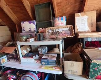 Upstairs in bonus area storage - dish set still in box, jars in box, glasses set in box, hats, basket, & more!