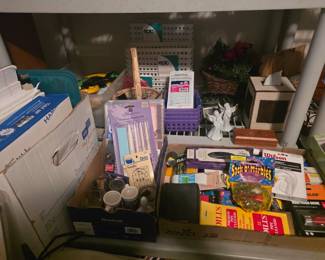 Upstairs - Computer paper, miscellaneous in boxes, angels, crochet Kleenex box cover, storage crates