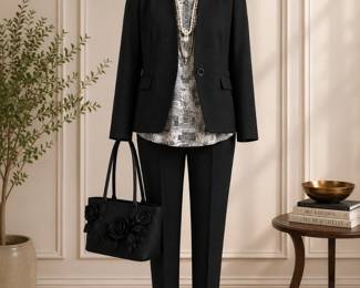 Ted Baker Picque Blazer and Slacks (Priced Separately), Paris Map sheer T-shirt, white textured long chain necklace, whimsical black raffia handbag with flowers