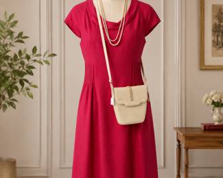 Armani dress NWT ca 2011, double strand faux pearls with ornate clasp, Bruno Magli purse