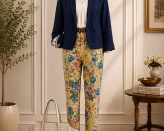 Signe slacks, made in France, Donna Karan shirt ca 2000, Max Mara Weekends jacket, Coach handbag , whimsical bracelets