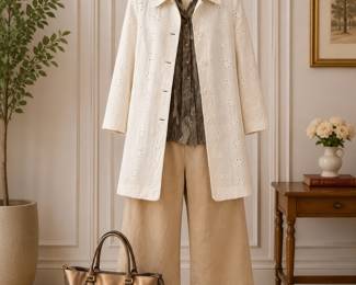 Marni slacks, Ralph Lauren tote, Charles Gray London white eyelet coat, Armani faux-bois silk blouse