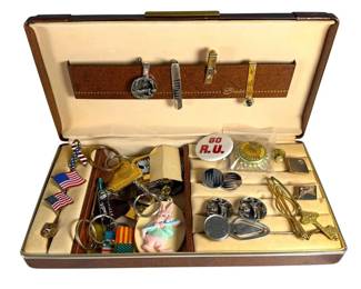 Mens Jewelry Box Filled with Tie Clips Pins Cufflinks and More B