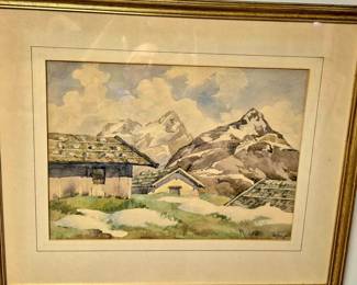 Vintage watercolors by G. Reitz. This framed watercolor Alpine Village is labeled "Wintermorgen im Kanwendel" by G. Reitz "Germany World War ll" and done in 1945