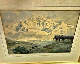 Framed Swiss Alps"Die Fungfrau" watercolor painted by "G. Reitz 1945 Munchen Germany World War ll"