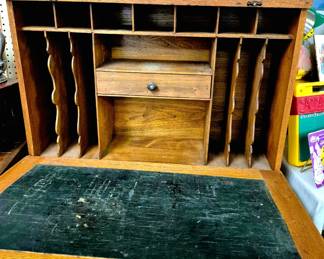Great drop-front desk with wood pigeon-holes and mail slots