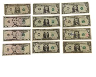 Mixed US Currency Lot 1USD abd 5USD Federal Reserve Notes Includes 3 Star Notes