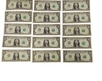 15 Vintage US 1USD Federal Reserve Notes Mixed Series and Districts Star Notes
