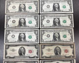 US Currency Lot 1935 Silver Certificate Red Seal 2USD Notes and Fancy Serial 1USD