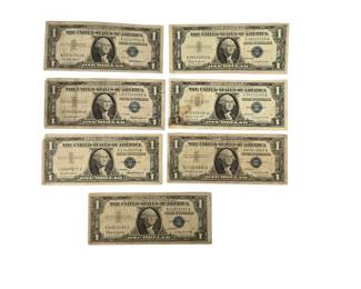 Lot of 7 Vintage US 1USD Silver Certificates George Washington Paper Currency