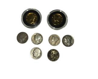 Mixed Lot of 8 Vintage US Dimes Mercury and Roosevelt Plus 2 Gold Tone Coins