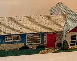 Vintage Marx 1950's Metal Tin Litho Dollhouse L Shaped Modern Ranch House