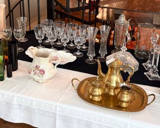 Waterford Crystal, Enesco Solid Brass Tea Set, Antique Sevres Serving Tray, Old Fashioned Whiskey Glasses, Cut Glass German Beer Stein w/ Pewter Lid, Limoges Haviland France Plates