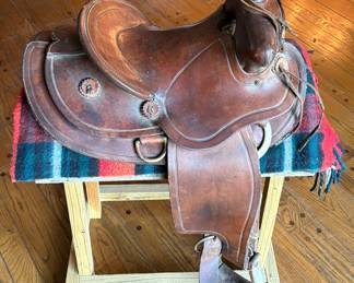 Vintage Leather Horse Saddle & Stand 