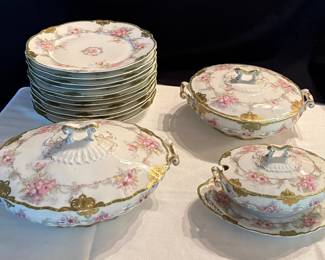 Theodore Haviland Limoges France • Burley & Company Chicago • Gold & Pink Roses Schleiger 1067b (15 pieces including extra large Turkey / Meat Platter)