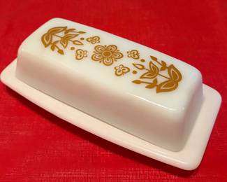 Pyrex Butterfly Gold White Butter Dish Covered Lid Vintage Serveware Ovenware
