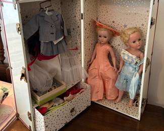 VTG MC DOLL TRUNK, WARDROBE & Two Dolls 
