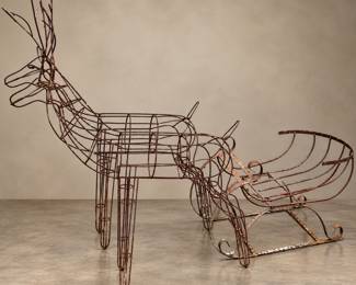 Large Outdoor Welded Wire Vintage Rare 5-foot Iron Reindeer Pair w/ Sleigh 