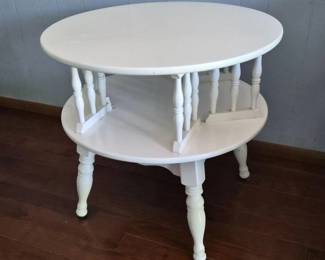55 RoundTwoTierRotatingSideTableWhitePaintedVintageAccent