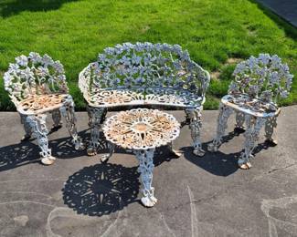 53 RusticCastIronGardenSetBenchChairsTablewithFloralDesign