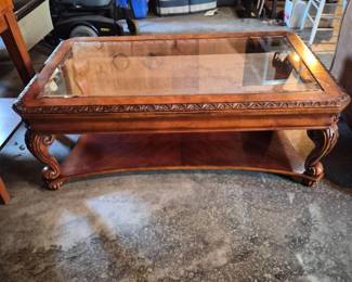 101 IntricateCarvedWoodandGlassTopCoffeeTable
