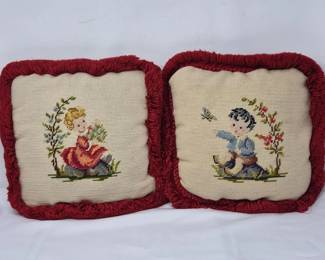 108 PairofVintageNeedlepointChildrenMotifCushions
