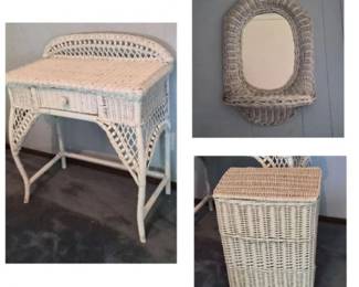 109 WhiteWickerVanityDeskwithMirrorLaundryBasket