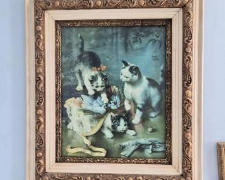 82 CreamGoldGiltWoodFramePlayfulKittenPrintCReichert