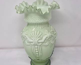 158 VintageLightSageGreenCasedRuffledArtGlassVase