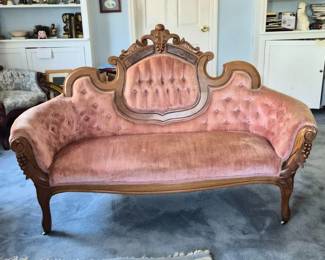 30 VintageVictorianRevivalDustyRoseSetteeCarvedWoodFrame