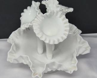 52 FentonStyleHobnailMilkGlassEpergneRuffledBowlTrumpetVases