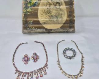 3 VintageAuroraRhinestoneJewelrySetsVictorianKeepsakeBox
