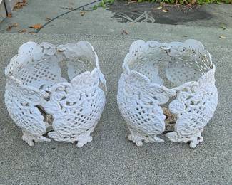 141 PairofVintageChicWhiteMetalPotHoldersPlanterCovers