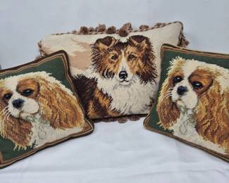 81 NeedlepointDogPillowsCavalierCollieTriowithVelvetBacking