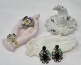 54 SchiaparelliRhinestoneEarringsPorcelainHandTrinketTrio