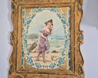 98 AntiqueVictorianGoldGiltFramedBeachGirlPrint