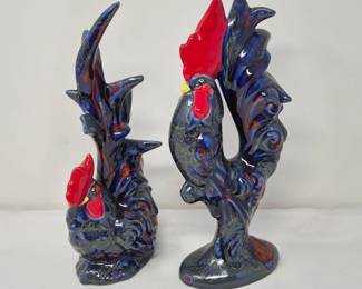 51 MCMGlazedRoosterFigurinePairBoldRedBlueCeramicSculptures