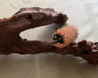Porcupine handmade figurine on glazed carved balsawood, unique and one of a kind