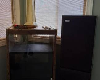 Stereo cabinet,large Cannon speakers, pyramid pedestal lamp