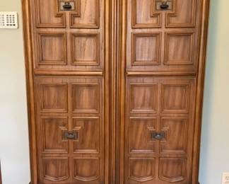 Drexel Heritage Maracay wardrobe armoire,midcentury, geometric spanish revival hardware,intricate carved front panels