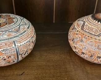 Vintage Peruvian small carved gourds hand painted with natural vegetable paint