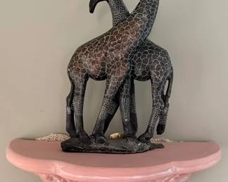 Hand Carved African Intertwined Shona Giraffe sculpture, Zimbabwe on Antique Baroque wall console stand