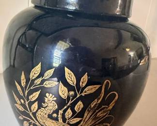 Vintage Japanese gloss black and gold painted porcelain ginger jar