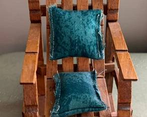 Vintage clothespin handmade rocking chair with 2 small teal handmade cushions