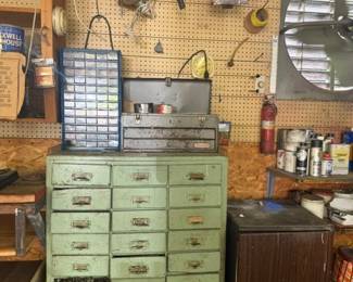 Antique tool chest full of hard to find automotive supplies and materials