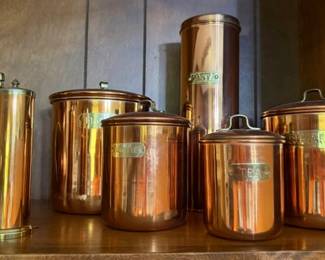 Bristolware Copper canister,pasta holder and salt and pepper grinder set with brass stamped labels