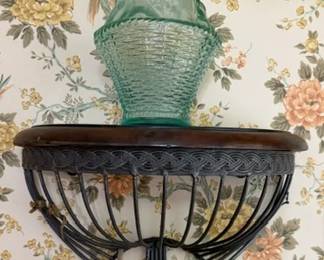 GreenBlue Italian Glass Genie Bottle Italian Empoli Region, wrought iron and wood demilune wall basket shelf